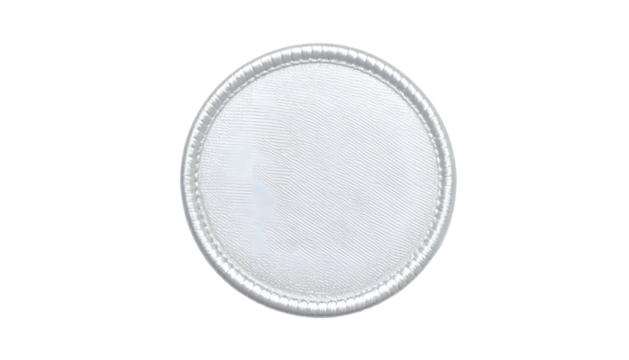 Circular white embroidered patch with a textured center and silver-tone edging, isolated on black