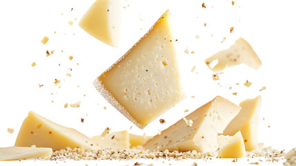 Parmesan cheese wedges and crumbs falling isolated on transparent background
