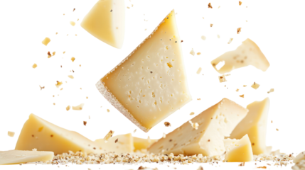 Parmesan cheese wedges and crumbs falling isolated on transparent background