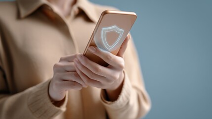 A person holds a smartphone displaying a digital shield symbol, suggesting themes of cybersecurity and mobile protection.