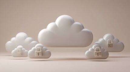 A series of cloud icons with padlocks, symbolizing cloud security and data protection in a minimalist design.