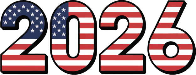 Patriotic 2026 Numbers with American Flag Design, Bold Typography for Election, USA Events, and National Holiday Graphics. isolated on transparent background
