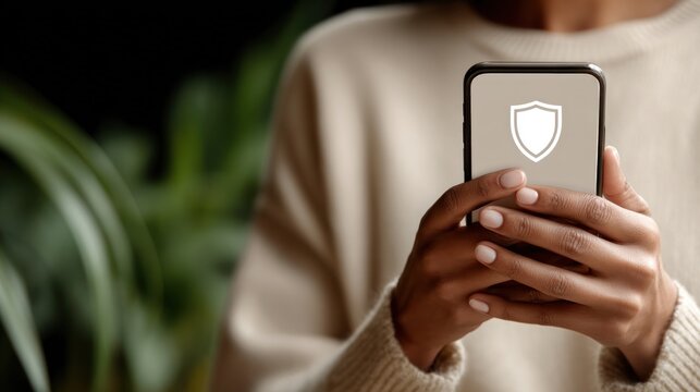 A person holds a smartphone displaying a shield icon, symbolizing digital security and protection in a cozy indoor setting.