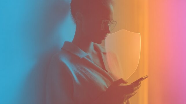 A woman wearing glasses stands against a colorful background, focused on her phone, with an artistic overlay that enhances the visual impact.