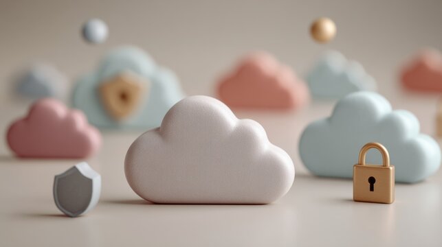 A collection of stylized cloud shapes in pastel colors, accompanied by security icons, representing cloud storage and cybersecurity.