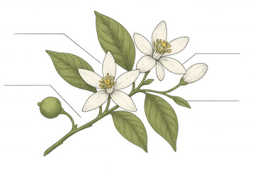 Orange blossom branch with flowers, buds, leaves and young fruit in a vintage botanical drawing style, transparent background