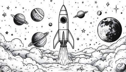 Rocket Launching into Space Hand-Drawn Illustration, Planets