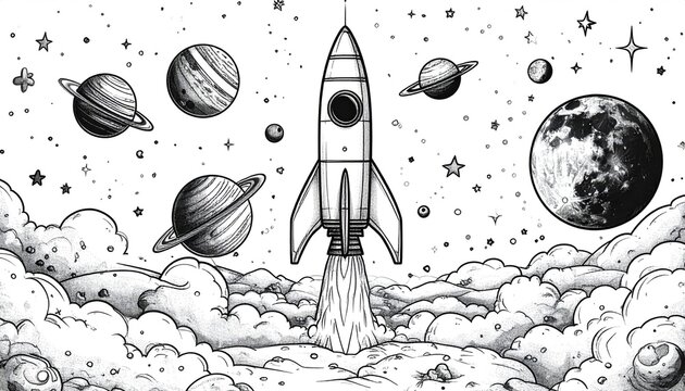 Rocket Launching into Space Hand-Drawn Illustration, Planets - Powered by Adobe