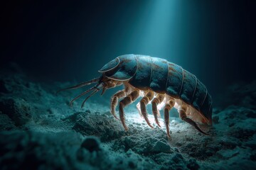 An unique isopod underwater shot lit by the sun ray in the ocean depths