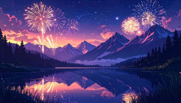 Fireworks Over Mountain Lake Night Sky, Celebration, Reflection