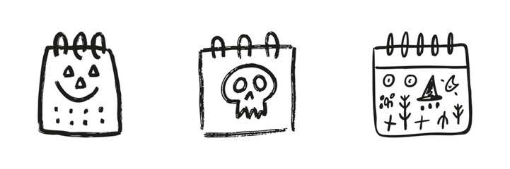 Halloween-Themed Calendar Icons In Doodle Style. Spooky Holiday, Skull, Pumpkin, And Witch Hat Illustrations Outline Sketch Collection. Hand Drawn Isolated Vector Illustration