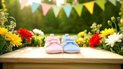 Baby Shoes in a Floral and Festive Scene - Adorable pink and blue baby shoes sit on a wooden platform.