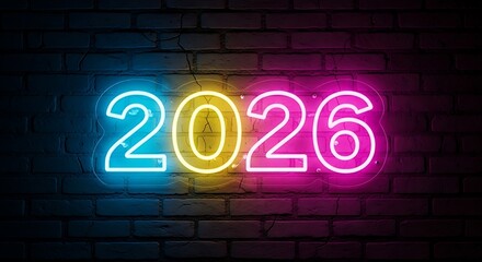 Neon 2026 sign glowing brightly against a dark brick wall background