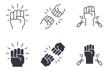 Vector icons of raised fists, broken chains, unity hands. Symbol of protest, strength, freedom, and justice. Includes outline and solid styles. Editable stroke set. Perfect for activism themes.