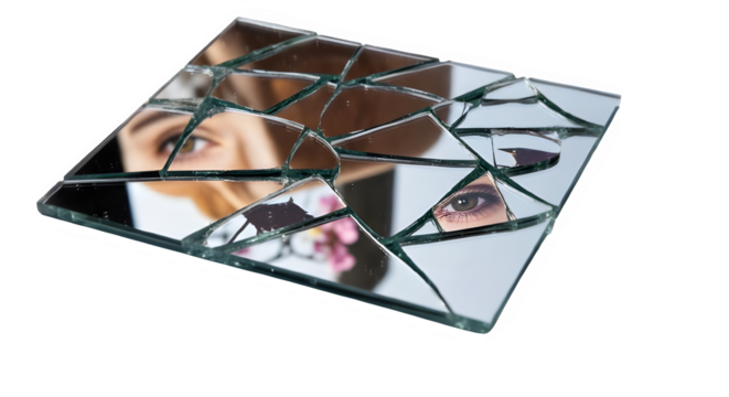 Broken glass / mirror reflection symbolic art isolated on PNG background.