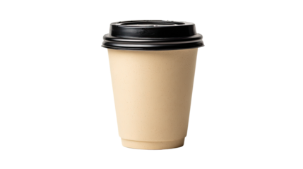 Beige takeaway coffee cup with lid showing disposable drink container for hot beverage in minimal modern style isolated on white background
