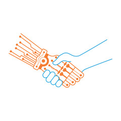 Human and robot hands shake basic RGB design template