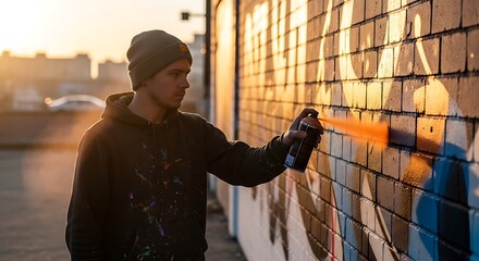 Young man creating graffiti art on a brick wall with spray paint outside