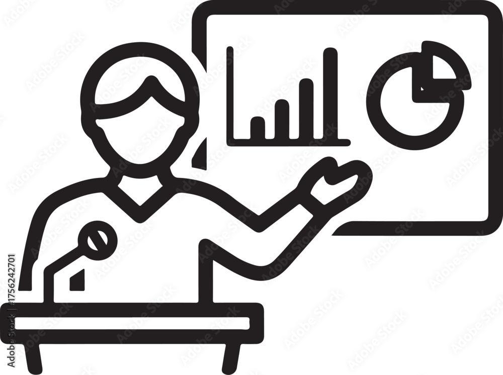Wall mural presenter giving a business presentation with charts and graphs, representing data analysis, strateg