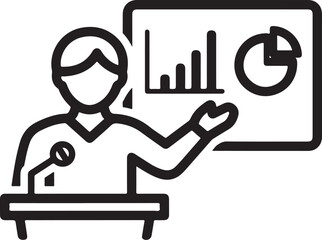 presenter giving a business presentation with charts and graphs, representing data analysis, strategy, and communication vector outline icon