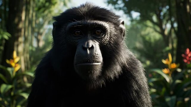 Close-up of a Black Monkey in Jungle - A close-up shot of a black monkey staring intensely at the viewer. The monkey is set against a lush green jungle background with vibrant flowers.