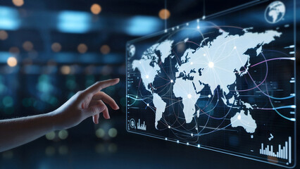Global business professional using interactive world map display with data analytics and connections perfect for presentations