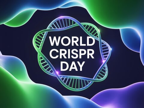 World crispr day celebration with a stylized dna double helix and glowing organic shapes representing scientific advancement