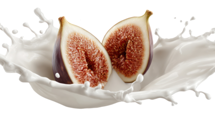 Fresh ripe figs splashing into creamy milk isolated on transparent background