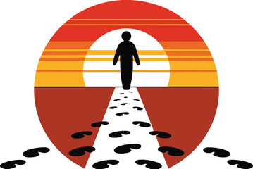 Silhouette person walking on footprints towards sunset