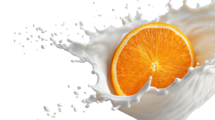 Orange slice splashing into milk isolated on transparent background