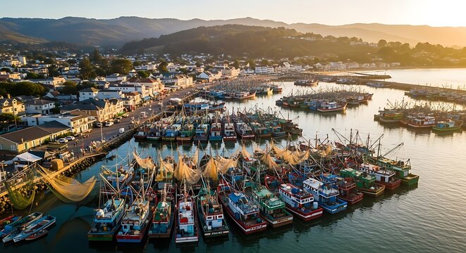 Fishing boats docked in harbor at sunset with village and mountains view - Powered by Adobe