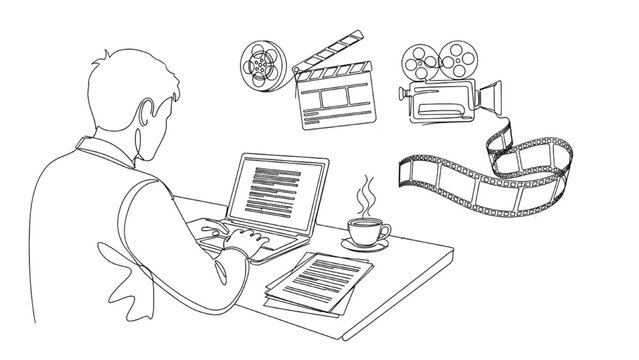 High-Quality Continuous Black Line Art of Writer Working at Desk with Papers, Laptop, and Coffee – Screenplay Development and Cinematography Concept Icons