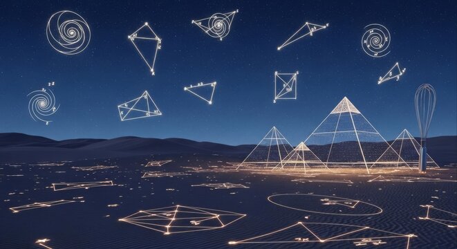 Constellation Landscape Abstract Pyramids, Stars, and Geometric Shapes - Powered by Adobe