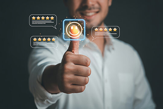 Man giving positive feedback online with star ratings and smiley face for customer satisfaction concept - Powered by Adobe