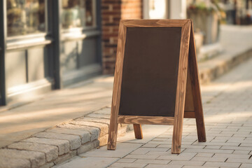 Charming empty chalkboard sign ready for your custom message outdoors in front of a shop perfect for cafe or restaurant deals