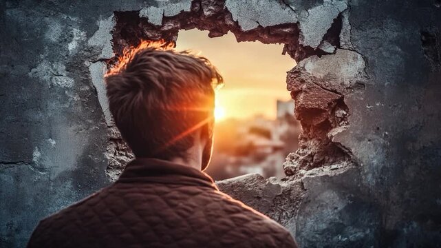 A person peering through a hole in a wall, searching or hiding