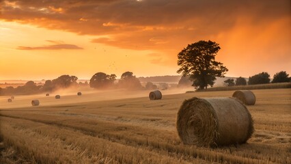 Harvested wheat field with straw bales scattered around, orange sunset glow, dust particles floating in the air