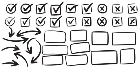 Collection of hand drawn checkmarks boxes and arrows in black ink on white background