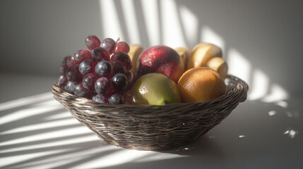 A basket holds grapes, apples, and oranges, with grapes prominently featured. Grapes, apples, and oranges reflect sunlight in the basket. Light casts shadows over grapes, apples, and oranges.
