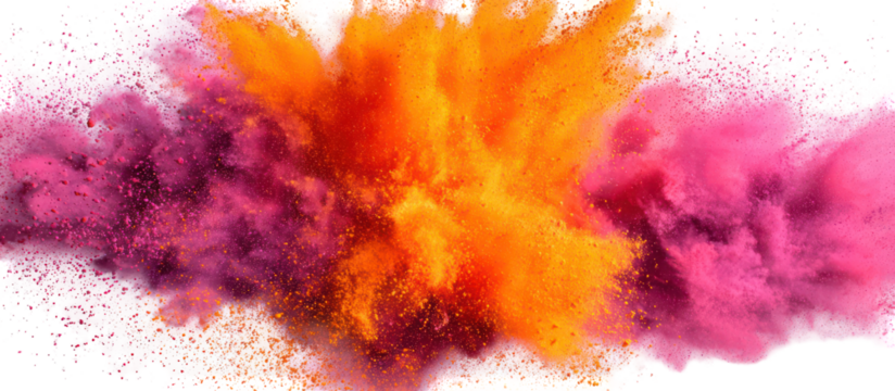 Explosion of vibrant pink and orange powder isolated on transparent background