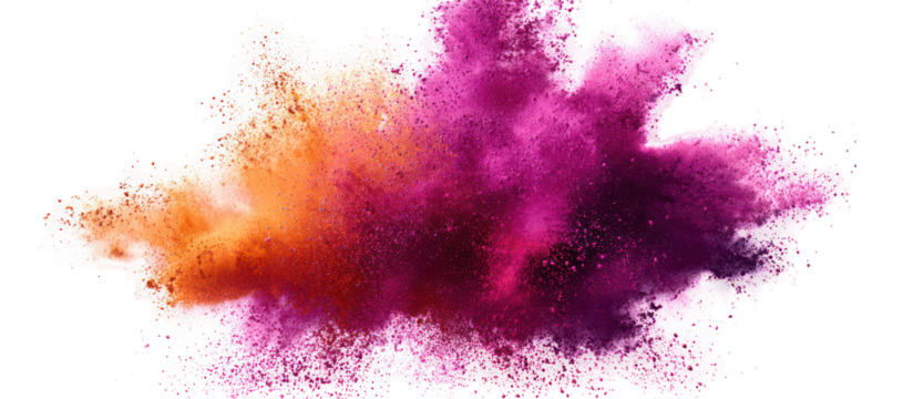 Explosion of vibrant pink and orange powder isolated on transparent background