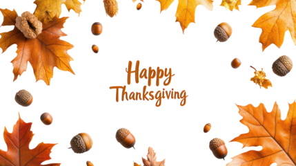 Happy thanksgiving text with autumn leaves and nuts isolated on transparent background