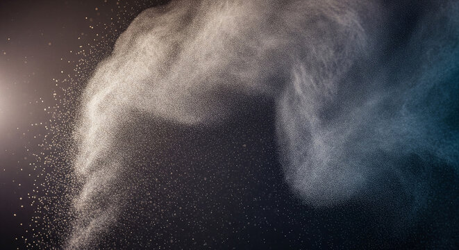 Abstract powder explosion with light on dark background