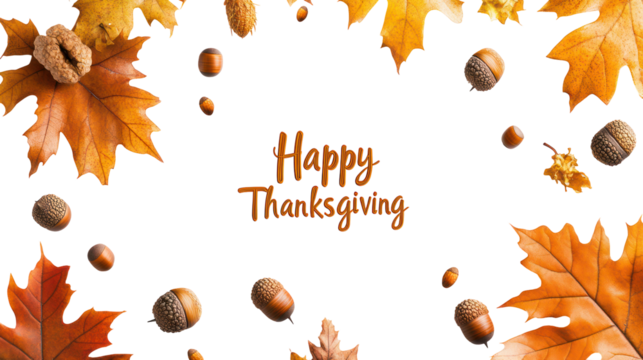 Happy thanksgiving text with autumn leaves and nuts isolated on transparent background