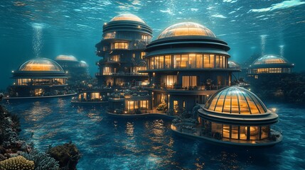Underwater city featuring futuristic dome structures lit with warm glowing lights