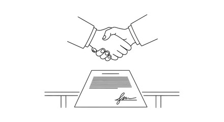 Business handshake over a signed contract on a table.