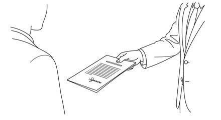 A black and white line drawing of a hand giving a document.