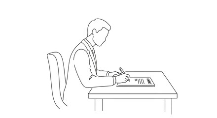 Man in suit writing at a desk, side view, line art.