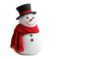 Cheerful snowman standing with red scarf and black top hat smiling joyfully representing festive winter holiday spirit isolated on white background