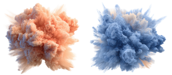 Two colorful smoke explosions isolated on transparent background